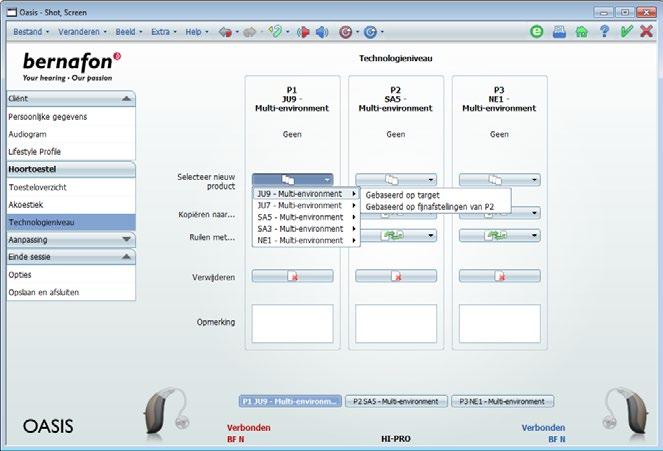 BEFLEX PROEFSYSTEEM Stap 3: Technologieniveaus toewijzen Open in de menukolom onder 'Hoortoestel' het scherm 'Technologieniveau' BeFlex-producten zijn standaard geconfigureerd met een