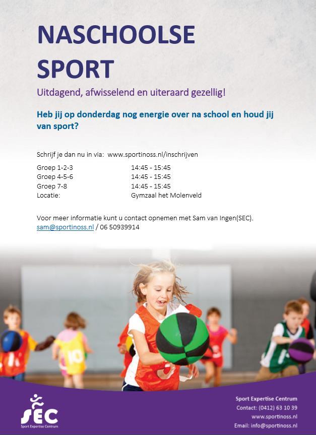 SEC organiseert Naschoolse sport op Het Molenveld op donderdagen Het Sport Expertise Centrum organiseert op donderdagen Naschoolse sport voor alle kinderen van Het Molenveld.