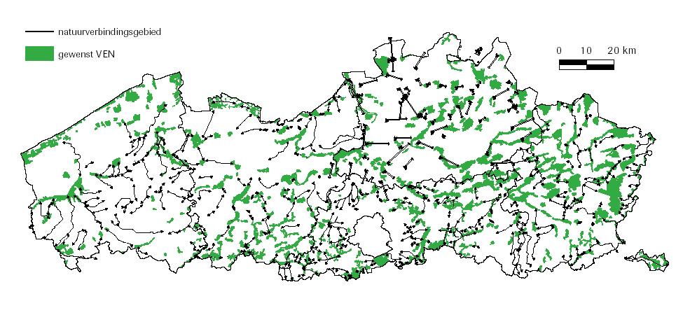 Figuur: aangeduide natuurverbindingsgebieden in Vlaanderen