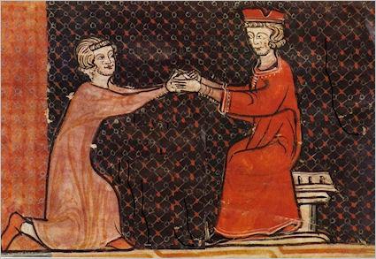 vraag 29 Middeleeuwse afbeelding De knielende man op de afbeelding zweert een eed van trouw aan de zittende man.