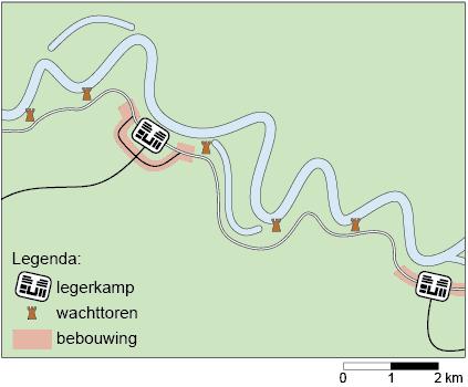vraag 30 Romeinse forten langs een rivier Dit kaartje laat Romeinse verdedigingswerken langs een Nederlandse rivier zien.