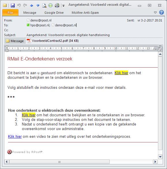 2.2.2. Ondertekenen per e-mail Bij Ondertekenen per email wordt de relatie uitgenodigd tot het sturen van een e-mailbericht met de akkoordverklaring, zie sectie 2.3.2. Dit bericht wordt verstuurd via RMail, dat hierdoor in staat is om de akkoordverklaring te koppelen aan de te tekenen overeenkomst.