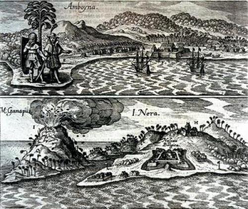 VOC-handelsposten op het vulkanische Ambon en Neira (1655) CC Het gewest Ambon, bestaande uit het gelijknamige eiland en stad, en de daaromheen liggende eilanden, kende al eeuwenlang een levendige