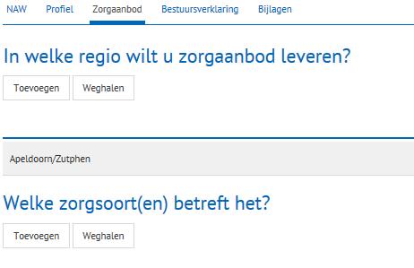 3.1.5. Het tabblad: Zorgaanbod Let op: dit tabblad wordt alleen getoond indien u in de profielvragen heeft aangegeven dat u een nieuwe zorgaanbieder bent.