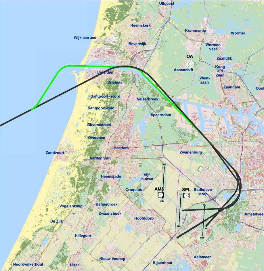 Figuur 1: Schets van oude (zwart) en nieuwe (groen) GORLO routes voor baan 04, 06 en 09.