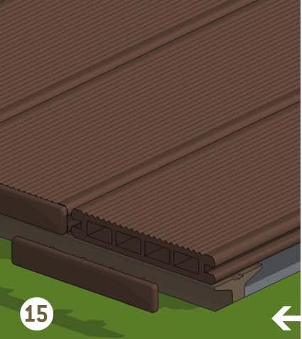 Stap 4 : Afwerking van uw decodeck terras Werk de open uiteinden van iedere plank op een decoratieve manier af door gebruik te maken van de decodeck afsluitdoppen.