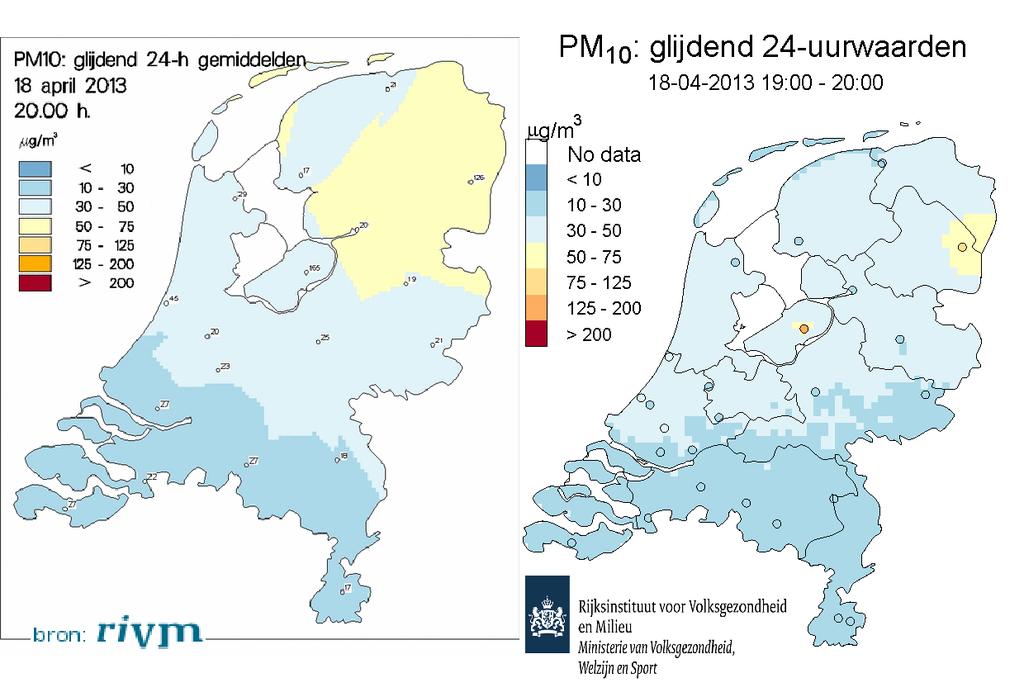 29 Figuur 6: Interpolatie van fijnstofconcentraties volgens de oude methode met INTERPOL (links) en met RIO-Nederland (rechts).