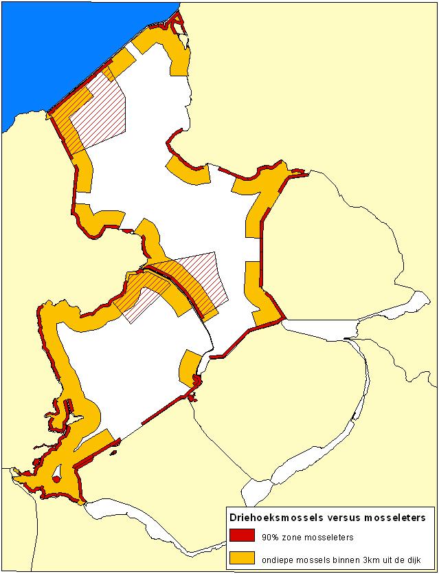 ................................ Figuur 10.2 Ligging 90% zones voor de mosseletende watervogels (maanden nov-feb) door gegevens uit de drie SBZ s te combineren.