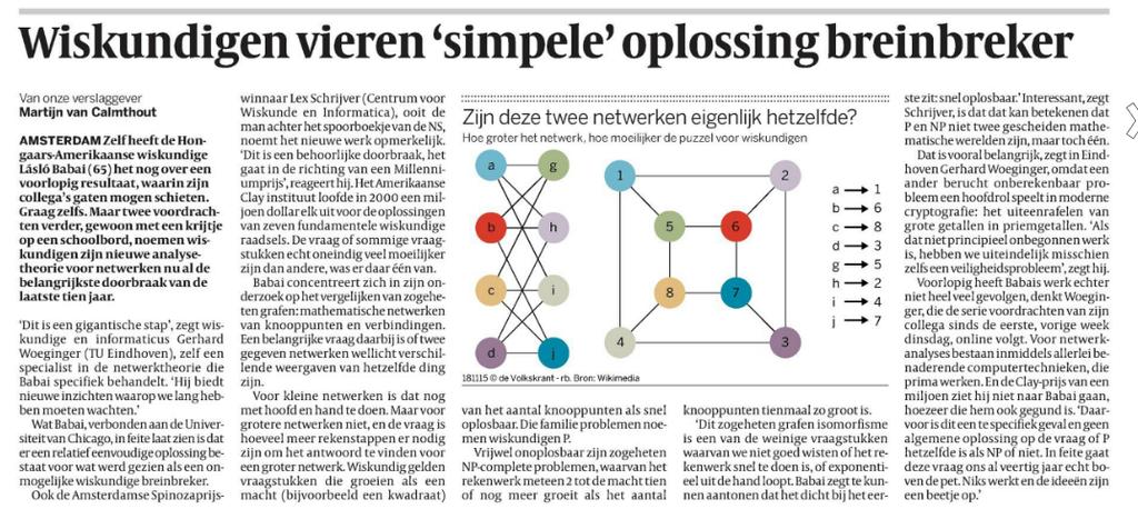 Volkskrant, 17 november 2015: Babai heeft laten zien dat Graph Isomorphism oplosbaar is in O(2 poly(log(n)) ) tijd, bijna
