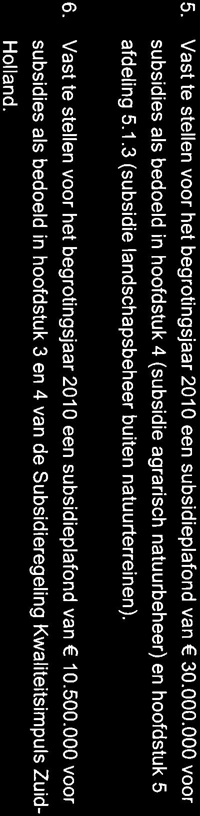 5. Vast te stellen voor het begrotingsjaar 2010 een subsidieplafond van E 30.000.000 voor subsidies als bedoeld in hoofdstuk 4 (subsidie agrarisch natuurbeheer) en hoofdstuk 5 afdeling 5.1.3 (subsidie landschapsbeheer buiten natuurterreinen).