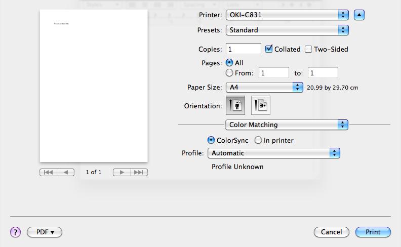 Paneel [Kleurkoppeling] (Color Matching) Paneel [Summary] (Summary) 1 ColorSync (ColorSync) In printer (In printer) Profile (Profile)