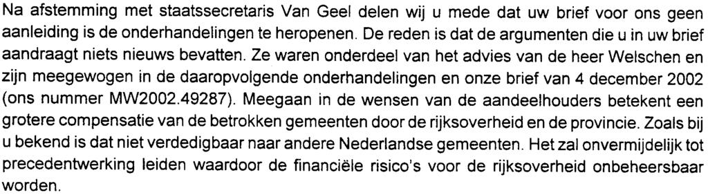 Na afstemming met staatssecretaris Van Geel delen wij u mede dat uw brief voor ons geen aanleiding is de onderhandelingen te heropenen.