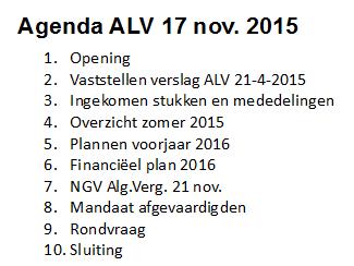 Verslag ALV 2015 november 17 2. Verslag ALV april 2015 zonder verdere vragen goedgekeurd 3. Ingekomen mededelingen: Twee jubilerende afdelingen: Nijmegen 45jr en Rijnland 30jr.