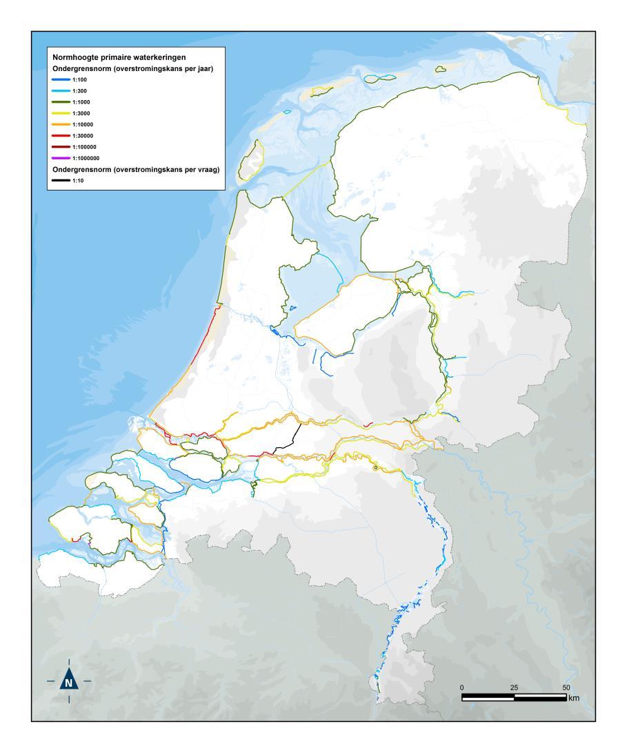 Figuur 1.2 Normfrequenties voor de primaire waterkeringen. Dit betreft in dit geval de ondergrens, d.w.z.