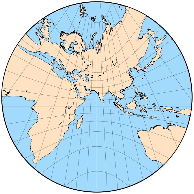 Hieronder zie je een kaart in de zogenaamde Gnomonische projectie. Deze kaart heeft als eigenschap dat alle grote cirkels, dus alle meridianen en de evenaar, als rechte lijnen zijn afgebeeld.