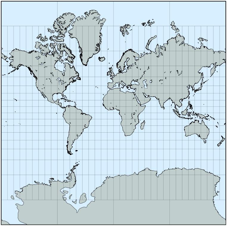 Kijk nu eens naar onderstaande projectie. Hierop zie je dat alle meridianen en parallellen recht lopen. Let eens op wat dat doet met landen op hoge breedte, zoals Groenland, of Antarctica.