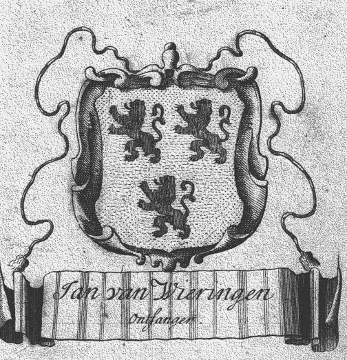 Zegel (3 leeuwen, 2 + 1) van Adriaen van Wiering(h)en (1674), schout van Harmelen, met zijn initialen links AVen