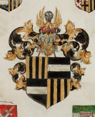 In het schildhoofd een onduidelijk schildje P 128 fol 013v Arend van Cruningen (-1561) tr.