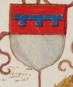 in rood een blauwe barensteel met drie hangers, B. effen zilver (Harff).