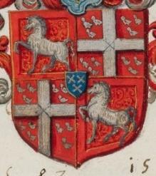 P 103 fol 027r P[aulus] d Assendelft (ca 1537-1593), s.l. 1582. Fortune Aura lieu Gevierendeeld: 1 en 4. in rood een stappend zilveren paard; 2 en 3.