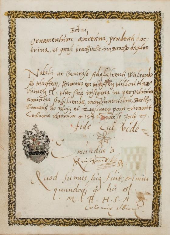 Van Egmond: zie boven Van Almonde: in goud drie rode schuinkruisjes (2-1) P 101 fol 035v Emundus á Knischeub, Keulen 1582 of 1583.