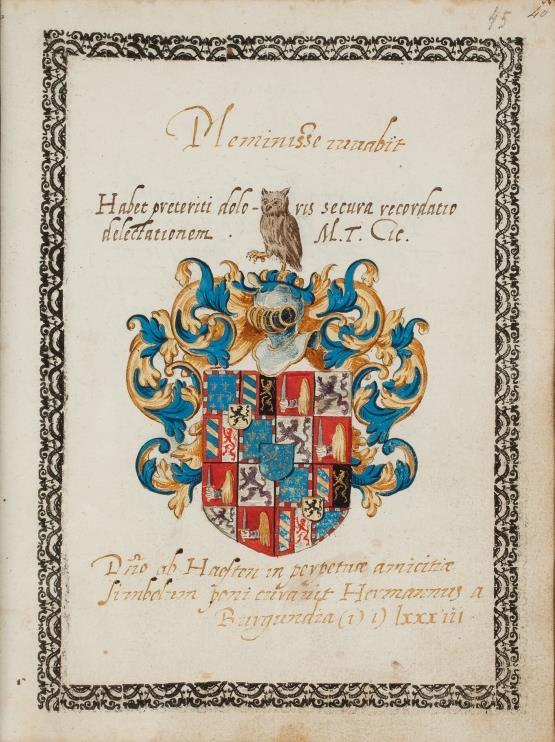 P 076 fol 45r Hermannus a Burgundia, s.l. 1583. Gevierendeeld, 1 en 4. opnieuw gevierendeeld, a en d. in blauw bezaaid met gouden lelies en een rood en zilveren geblokte zoom, b. doorsneden, A.