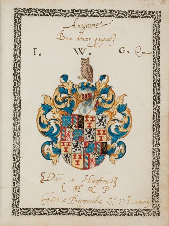 P 075 fol o46r Johannes a Burgundia, s.l. 1583 fol 045v tekst Gevierendeeld, 1 en 4. als boven, 2 en 3. opnieuw gevierendeeld, a en d.