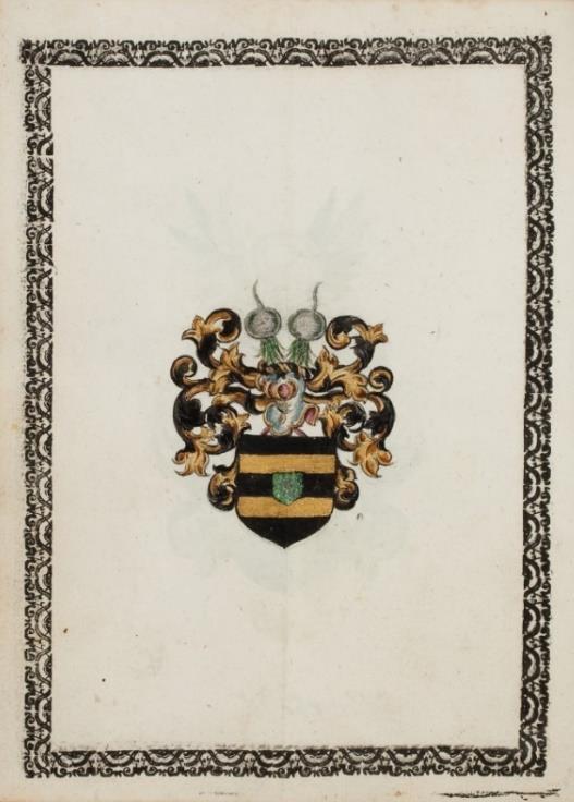 P 067 fol 056v Onbekend, s.l ca 1583-1585. In zwart twee gouden dwarsbalken, een groen hartschild, beladen met een zilveren leeuw?
