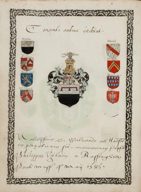 P 047 fol 048r Phillipus Vylain a Rassenghien, Pont-a-Mousson, 4 mei 1585. Doorsneden, A. in zilver een rode barensteel met drie hangers, B. effen zwart.