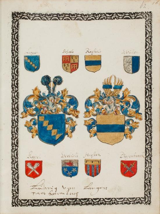 P 043 fol 062r Ludwig van Langen thou Surenborch, s.l. ca 1585. KB: tot Surenburg. Van Langen: in blauw vijf aanstotende gouden vierkanten.