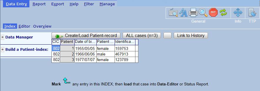 Data Entry Index Als u ingelogd bent, komt u terecht in de Data Entry Index. Figuur 11: De Data Entry Index U heeft hier een overzicht over de patiënten die in de database aanwezig zijn.