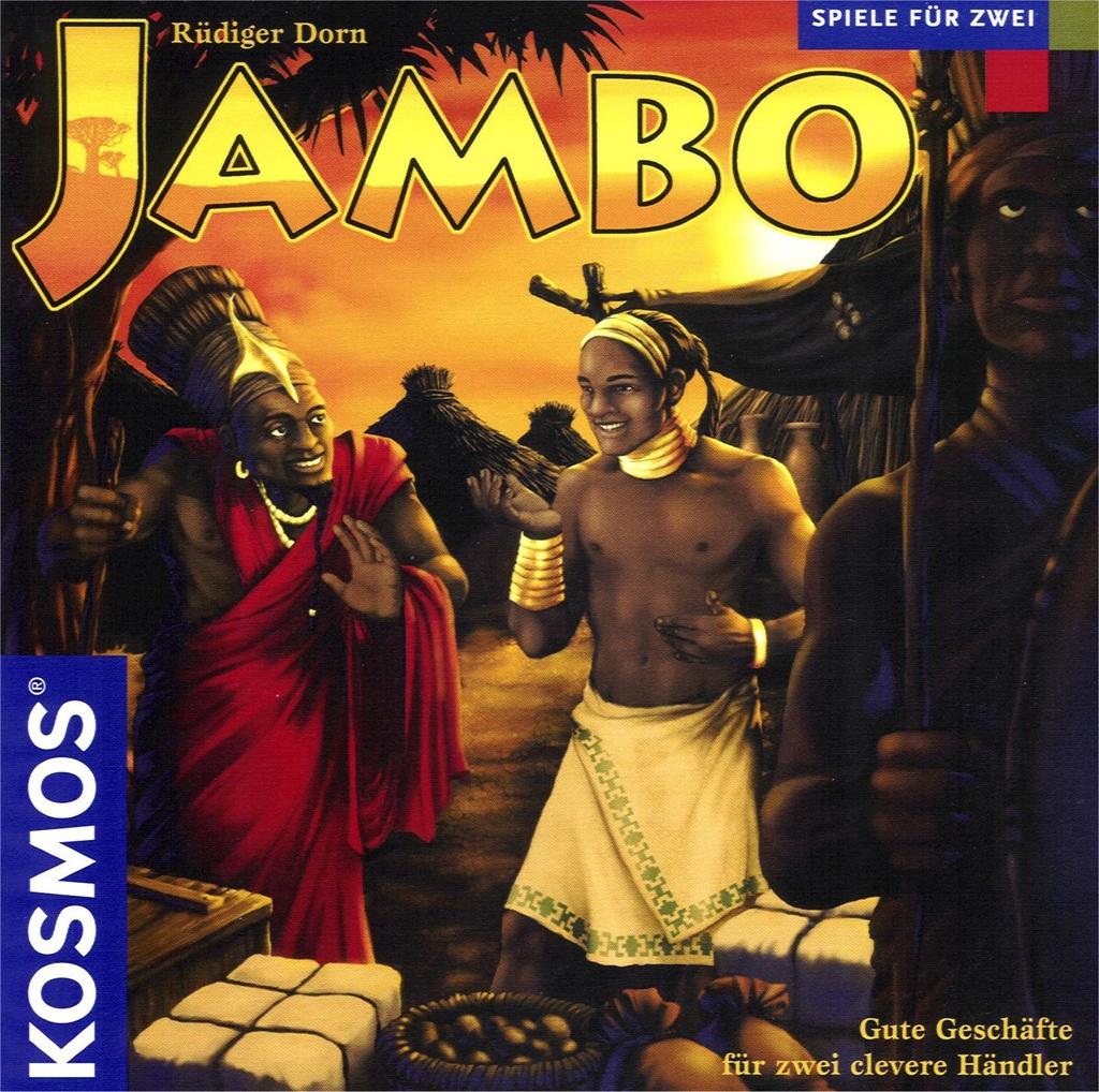 Spelidee Jambo Goede zaken doen voor twee gewiekste handelaren. Kosmos, 2004 DORN Rüdiger 2 spelers vanaf 12 jaar ± 45 minuten "Jambo" betekent "Hallo" in de Swahili-taal.