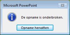 Je kunt net als bij een gewone presentatie naar de volgende dia gaan door op de muisknop te klikken, door op de cursor naar rechts toets te drukken, of op het pijltje in het opname