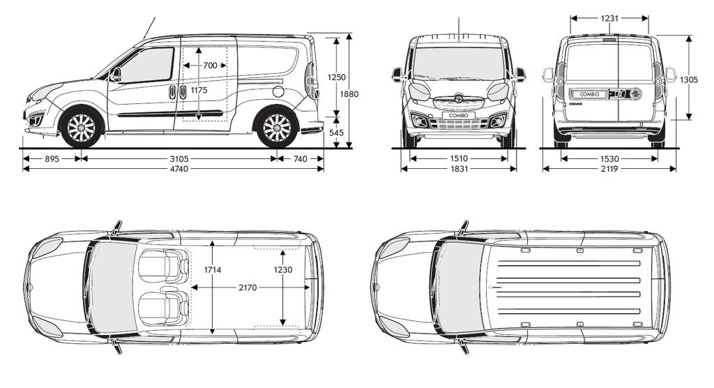 Opel Combo Cargo Lijntekeningen (m) L2H1 Buiten afmetingen Wielbasis Totale lengte Totale breedte Totale breedte incl.