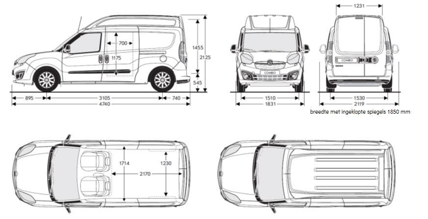 Opel Combo Cargo Lijntekeningen (m) L2H2 Buiten afmetingen Wielbasis Totale lengte Totale breedte Totale breedte incl.