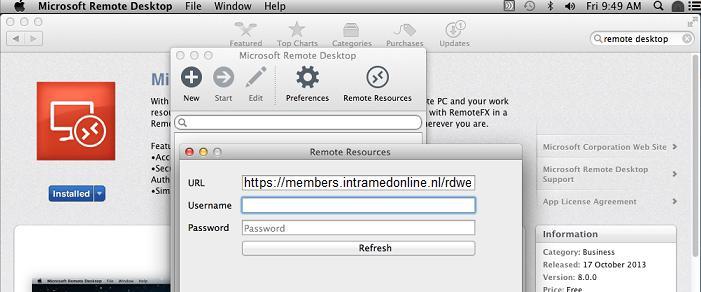 Open de "Microsoft Remote Desktop" app; het scherm "Microsoft Remote Desktop" wordt geopend. 5. Klik op "Remote Resources". 6.
