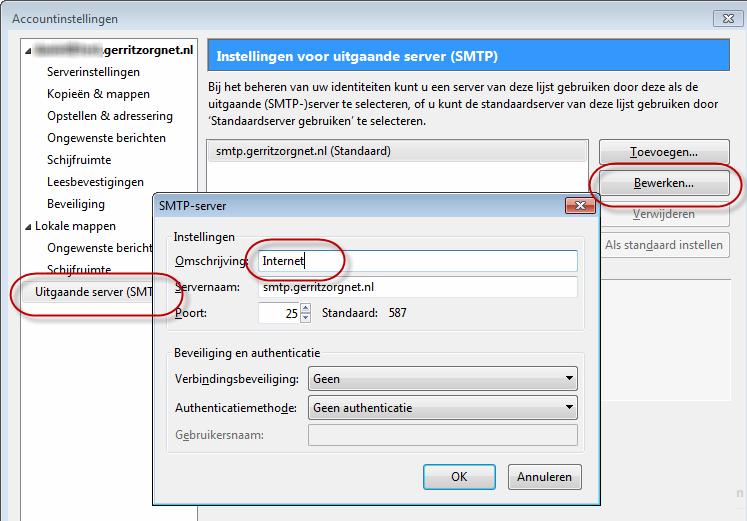 Selecteer in de linkerkolom, onderaan, de optie Uitgaande server (SMTP) : Figuur 9: SMTP server omschrijving bewerken Hier wordt de SMTP server getoond van het eerder aangemaakt e-mail account.