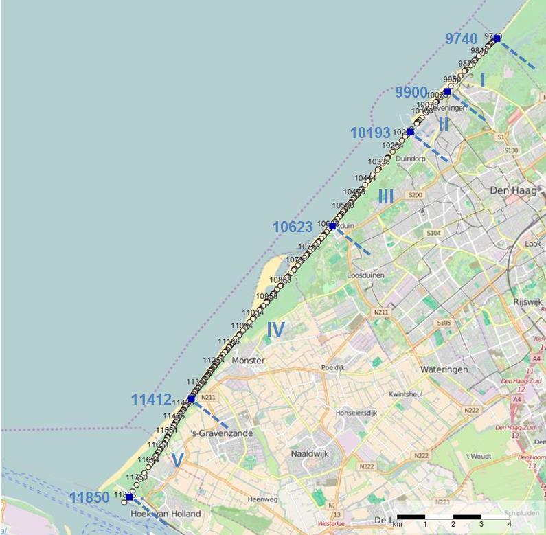 Tabel 4.3 Definitie van de vijf trajecten van Noord naar Zuid langs de Noordzeekust van Delfland, zie Figuur 4.6. I II III IV Deelgebied Raai Lengte [m] Schev.-noord Scheveningen Scheveningen Schev.