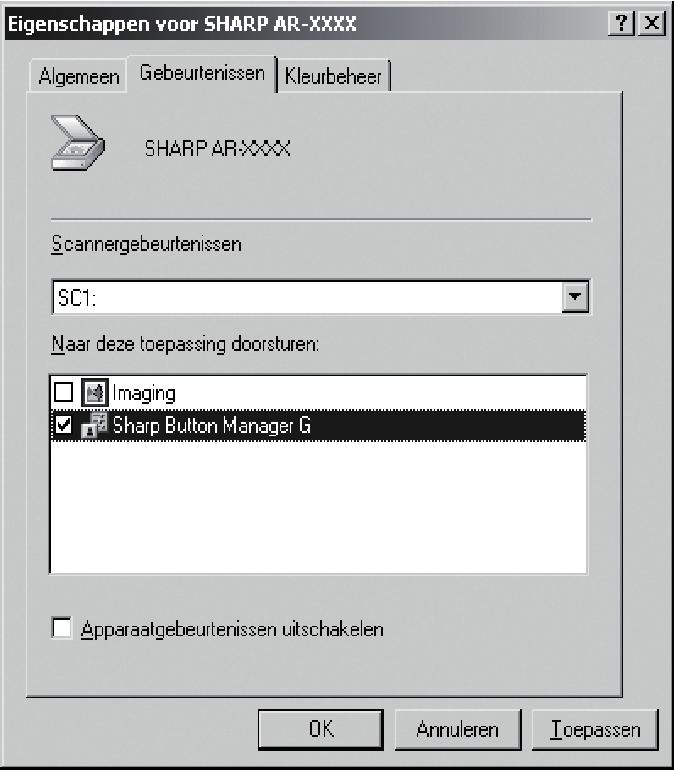 4 Klik op het tabblad "Gebeurtenissen" in het scherm "Eigenschappen". 5 Selecteer "SC:" in het vervolgkeuzemenu "Scannergebeurtenissen".