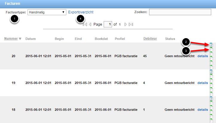 1. Selecteer het betreffende factuurtype die in het overzicht weergegeven dient te worden 2. Klik op dit bestand om de factuur te downloaden 3.