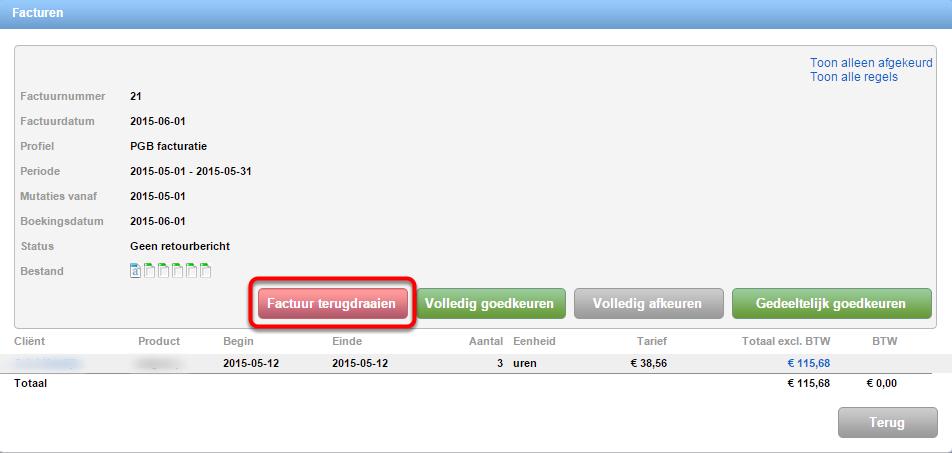 Middels de knop 'Factuur terugdraaien' kan de factuurrun, in dit geval factuurnummer 21, worden teruggedraaid.