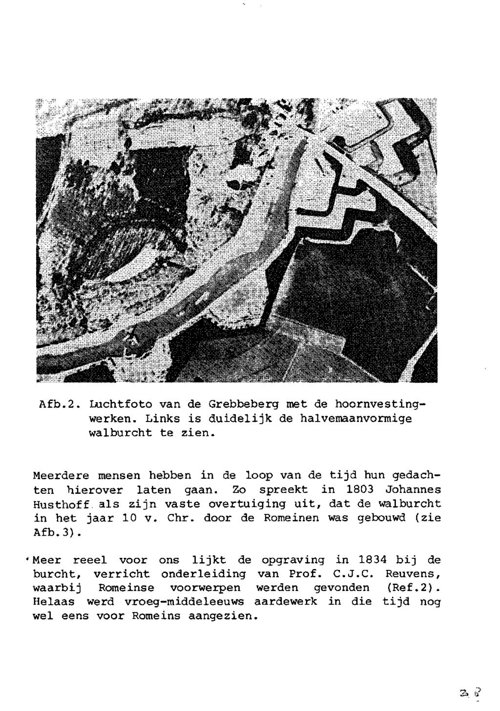 Afb.2. Luchtfoto van de Grebbeberg met de hoornvestingwerken. Links is duidelijk de halvemaanvormige walburcht te zien. Meerdere mensen hebben in de loop van de tijd hun gedachten hierover laten gaan.