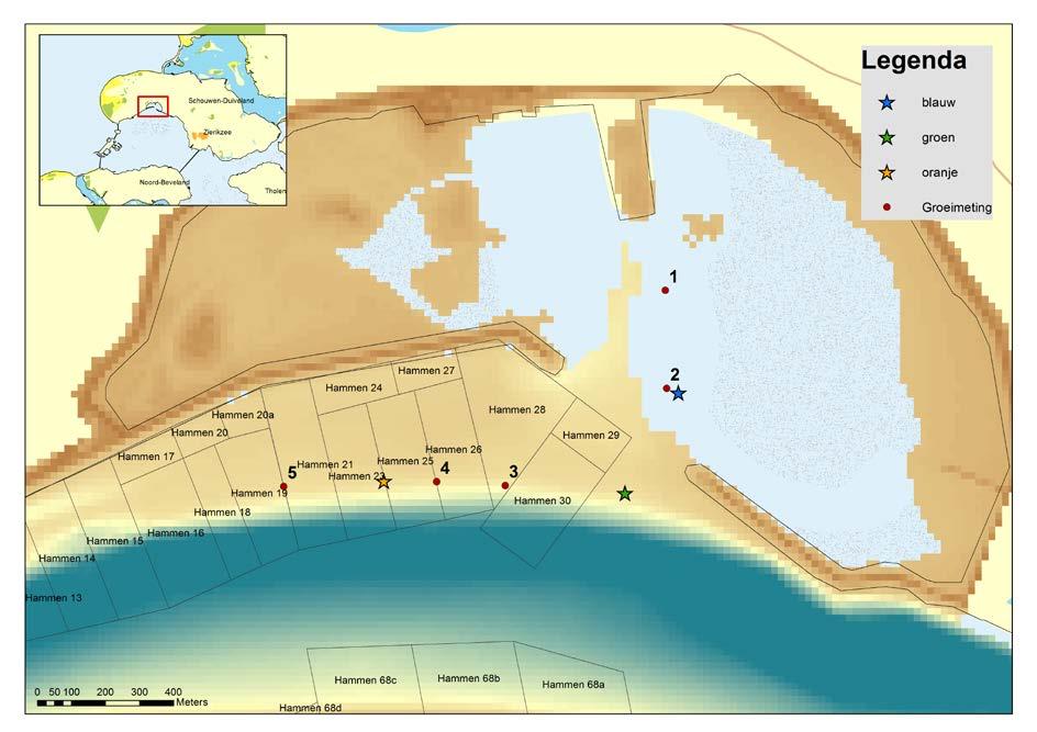 Figuur 29: Ligging van de meetlocaties voor het zwevend stof ten opzichte van de percelen en de meetlocaties voor de mosselgroei. Meetlocatie blauw licht in de baai van de Schelphoek.