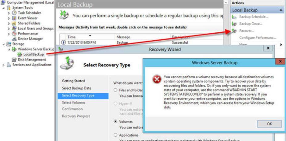 Als u enkel bestanden en folders, applicaties zoals exchange wilt restoren kunt u naar de Windows Server Backup applicatie gaan op de server zelf.