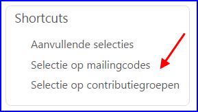 opgeven. Mailingcodes of contributiegroepen aan een mailingselectie toevoegen Het is nu mogelijk om in de basisselectie al een selectie op mailingcodes en contributiegroepen in te stellen.