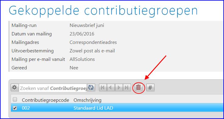 U kunt een gekoppelde mailingcode of contributiegroep verwijderen door deze te selecteren en op de verwijder knop te klikken.