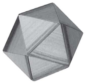 Tot slot nog een ontwerp van Stewart Coffin, de Rosebud puzzle (zie figuur 5). Dit object bestaat uit zes stukken waarvan er drie gelijk zijn en de andere drie spiegelbeeldig.