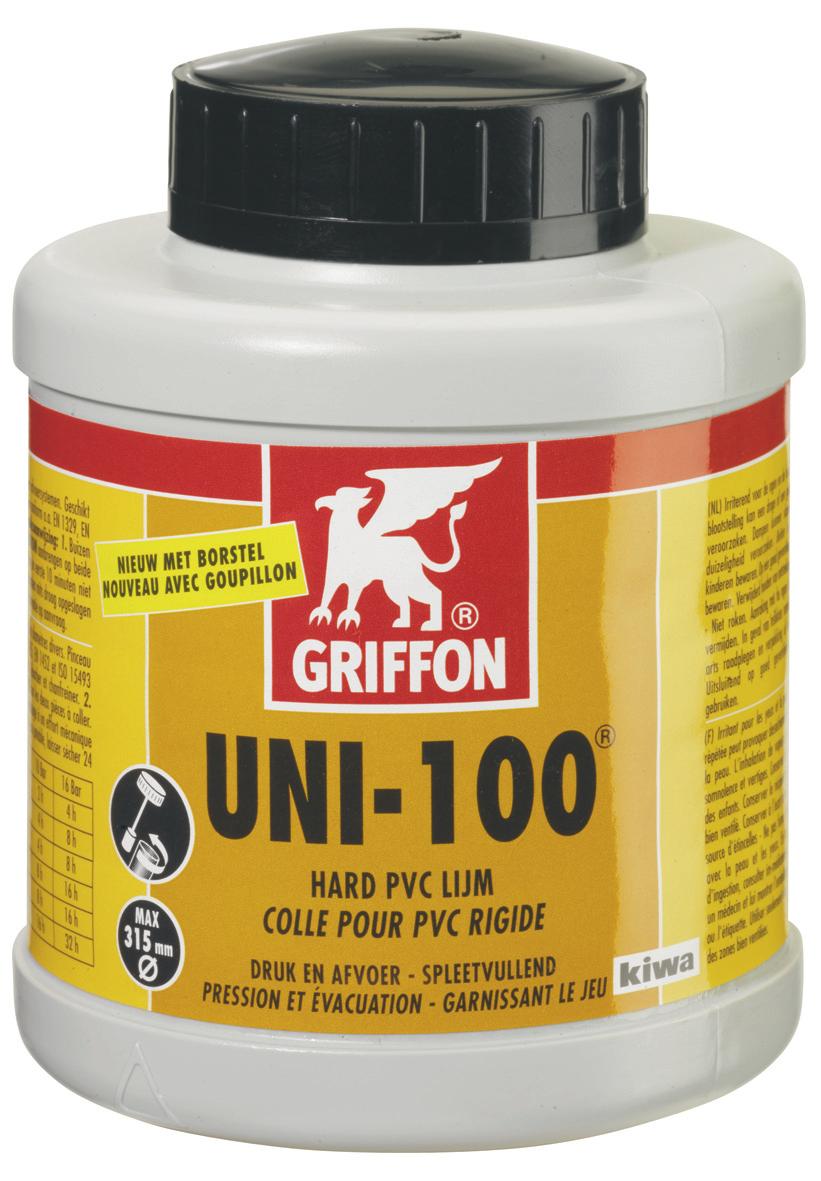 6111030 - Griffon UNI-100 Flacon 250 ml NL/FR Uni-100 Snelle tixotrope Hard PVC Lijm met KIWA- en KOMO-keur PVC. Certificaat K4395 op basis van BRL 5221.