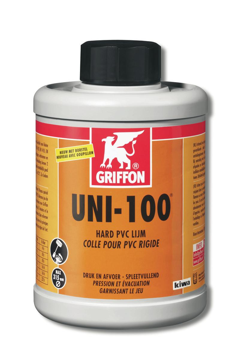6111050 - Griffon UNI-100 Flacon 1 L NL/FR Uni-100 Snelle tixotrope Hard PVC Lijm met KIWA- en KOMO-keur PVC. Certificaat K4395 op basis van BRL 5221.