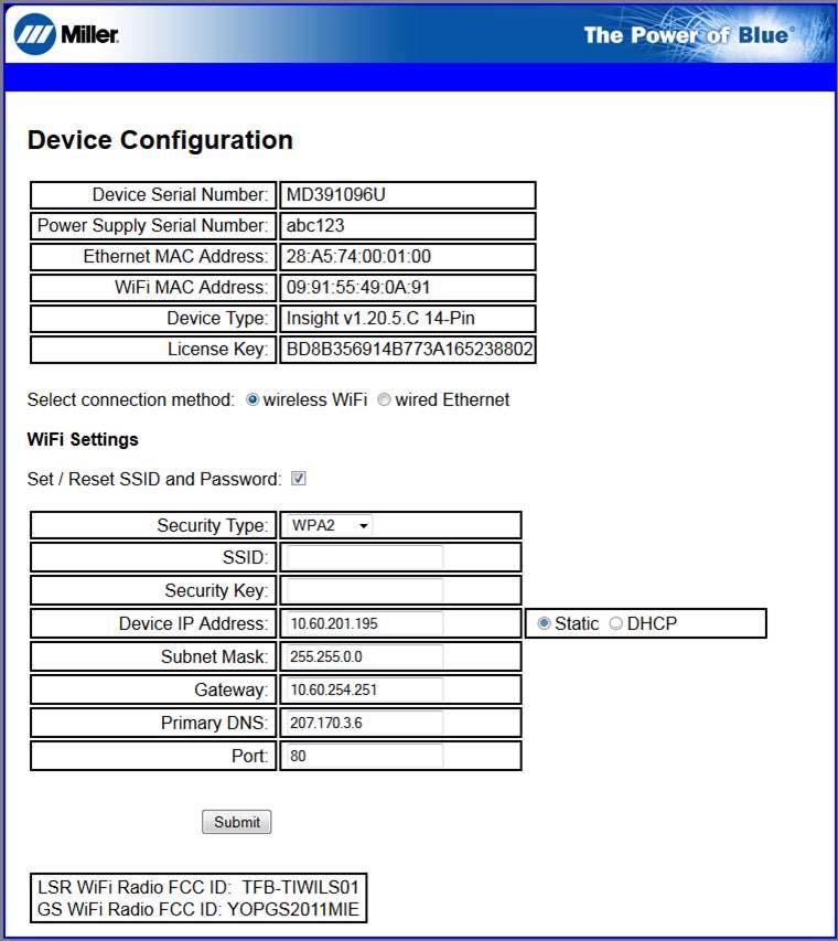 MC10001Z AC1000000X1X1X00XX00X0 Afbeelding 3 26. Serverpagina Insight 15. Selecteer in het deel WiFi Settings de optie Static for Device IP Address. 16.